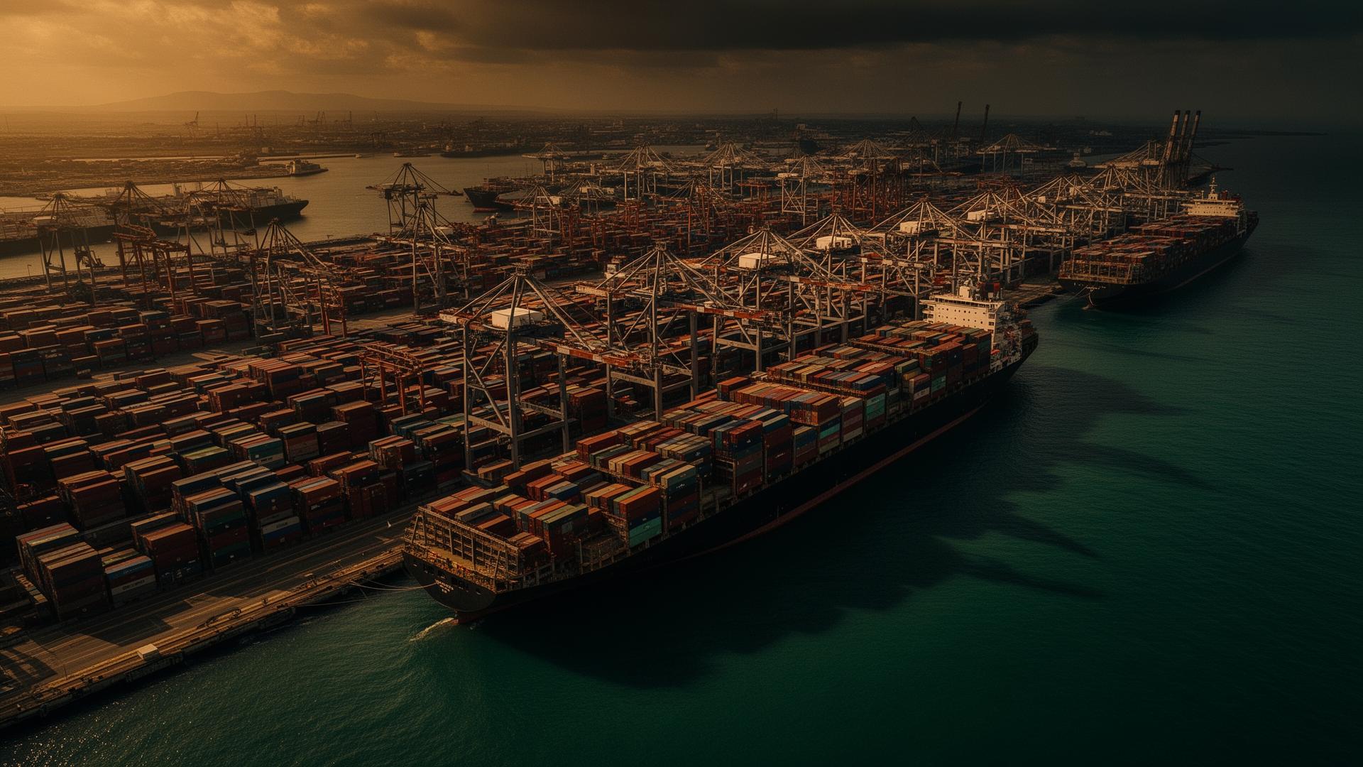 International shipping port at dusk